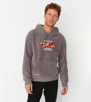 Relaxed Fit Hooded Embroidery Thick Sweatshirt