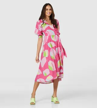 Printed Puff Sleeves Wrap Dress