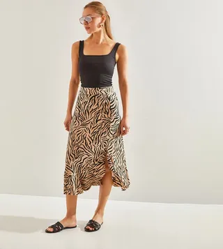 Printed Elastic Waist Midi Skirt