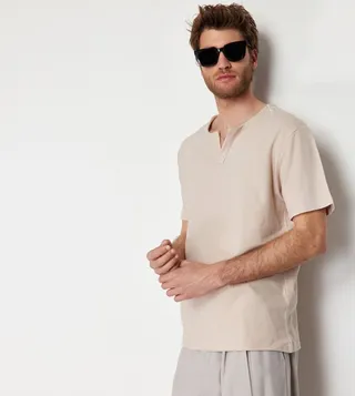 Textured Henley Neck T-Shirt