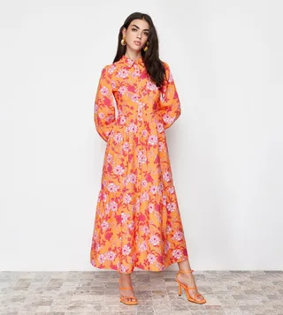 Floral Print Lace Trim Woven Shirt Dress