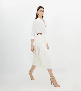 Soft Tailored Crepe Tab Detail Pleated Midi Skirt