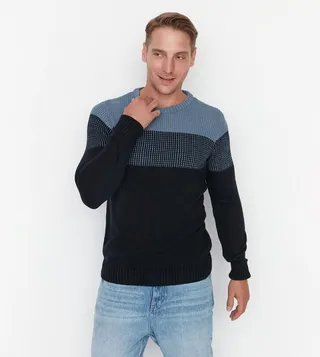 Slim Fit Crew Neck Color Block Sweater