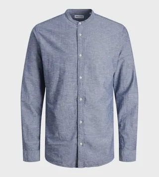Solid Mandarin Collar Linen Shirt