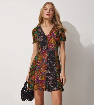 Printed V-Neck Flared Mini Dress