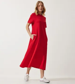 Solid A-Line Midi Dress