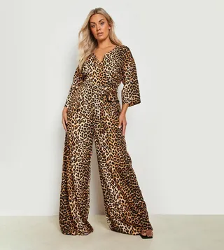Leopard Wrap Tie Belt Jumpsuit