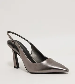 Metallic Trapeze Heel Slingback Pumps
