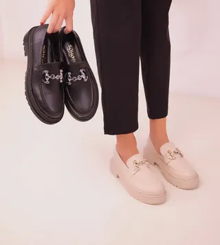 Metal Accent Chunky Heel Loafers