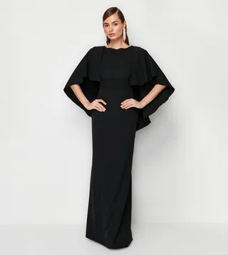Solid Cape Sleeves Evening Dress