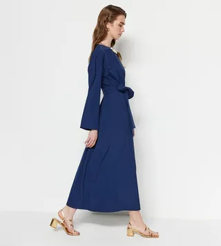 Solid Waist Belt Long Sleeves Maxi Dress