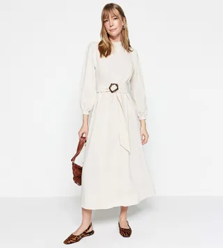 Mock Neck Puffed Sleeves Dress