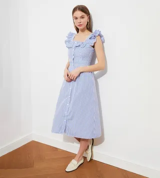 Square Collar Frilly Striped Dress