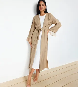 Textured Tulle Detail Woven Abaya