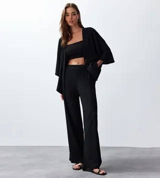 Textured Long Sleeves Kimono and Pant Set