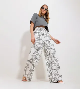 Printed Drawstring Waist Linen Trousers