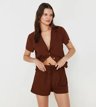 Textured Short Sleeves Shirt and Shorts Set