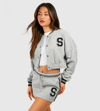 Design Studio Towelling Applique Bomber Sweatshirt and Skirt Set