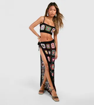 Patchwork Crochet Maxi Split Skirt & Bralette Set