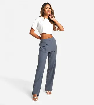 Textured Straight Leg Trousers with Skirt Overlay