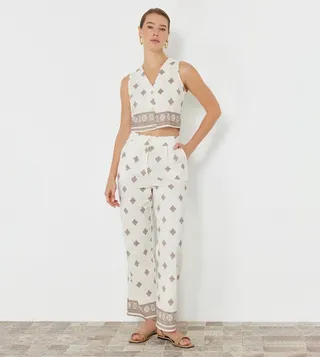 Printed V-Neck Top and Pant Set
