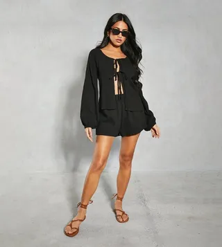 Textured Tie Front Top & Shorts Co-Ord Set