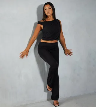 Double Layer Soft Touch Off Shoulder Top and Flare Trouser Co-Ord Set