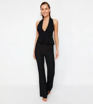 Solid Backless Top and Trousers Set