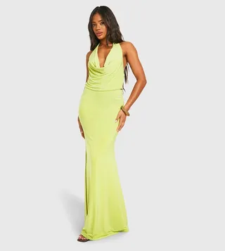 Plunge Halter Cowl & Flared Maxi Skirt Set