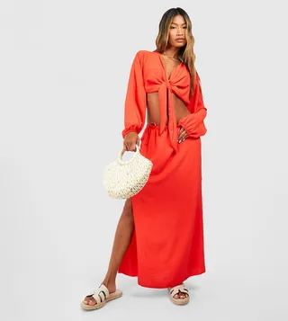 Hammered Volume Sleeves Knot Front Crop & Midaxi Skirt Set