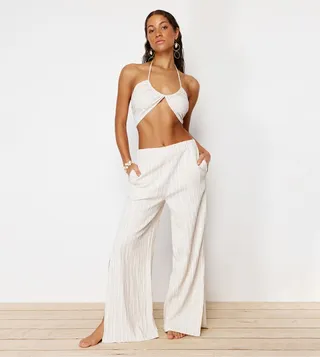 Halter Neck Linen Top Trouser Set