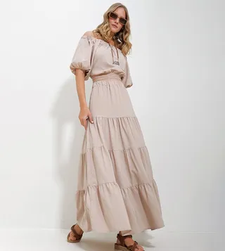 Madonna Collar Crop Top and Skirt Poplin Set