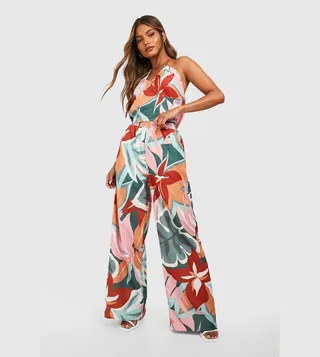 Tropical Print Ruched Halter And Wide Leg Trouser Set