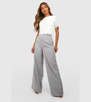 Scalloped Hem Lace Top And Wide Leg Trouser Set