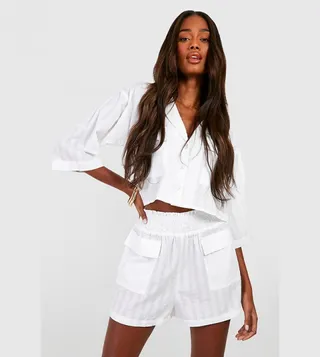 Premium Textured Pocket Detail Crop Shirt and Shorts Set