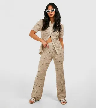 Petite Crochet Knitted Shirt And Wide Leg Trouser Co-Ord Set