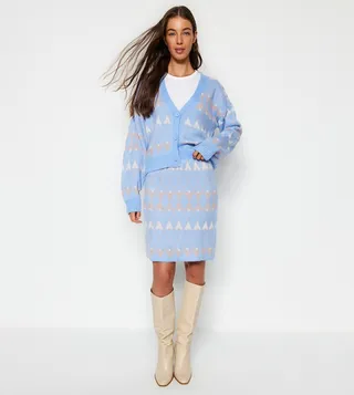 Self Patterned Long Sleeves Top and Skirt Set
