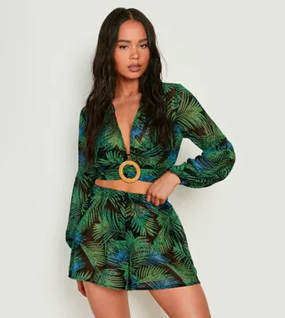 Palm Print Buckle Top and Short Co-Ord Set