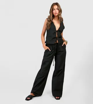 Linen Look Tie Front Crop and Wide Leg Trousers