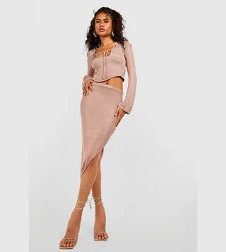 Metallic Knitted Lace Up Corset Top and Asymmetric Skirt Set