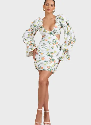 Balloon Sleeve Cut Out Floral Printed Dress