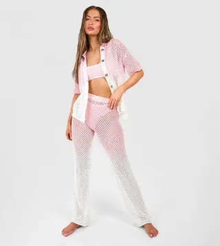Ombre Crochet Shirt And Wide Leg Trouser Knitted Set