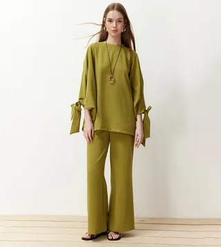 Solid Batwing Sleeves Top and Trouser Set