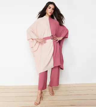 Color Block Belted Tunic and Pants Set 