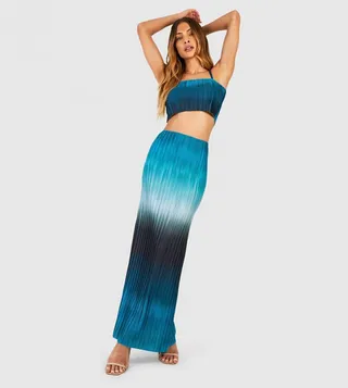 Abstract Plisse Square Neck Cami & Maxi Skirt Set