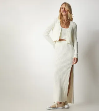Ribbed Skirt And Cardigan Set