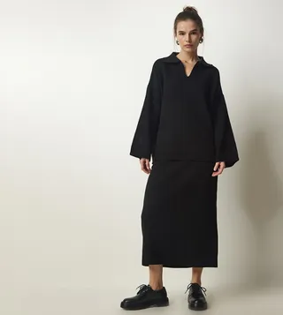 Knitted Collared Tunic and Skirt Set