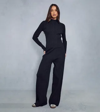 Knitted Wide Ribbed High Neck Top & Trousers Co-Ord Set
