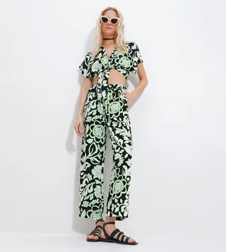 Printed Tie-Up Crop Top and Trouser Set