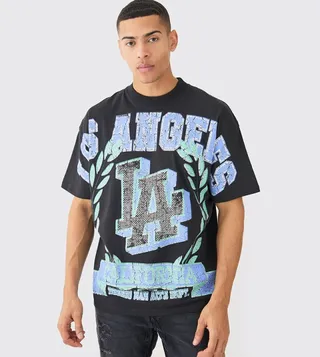 Oversized Over Seams Varsity Graphic T-Shirt